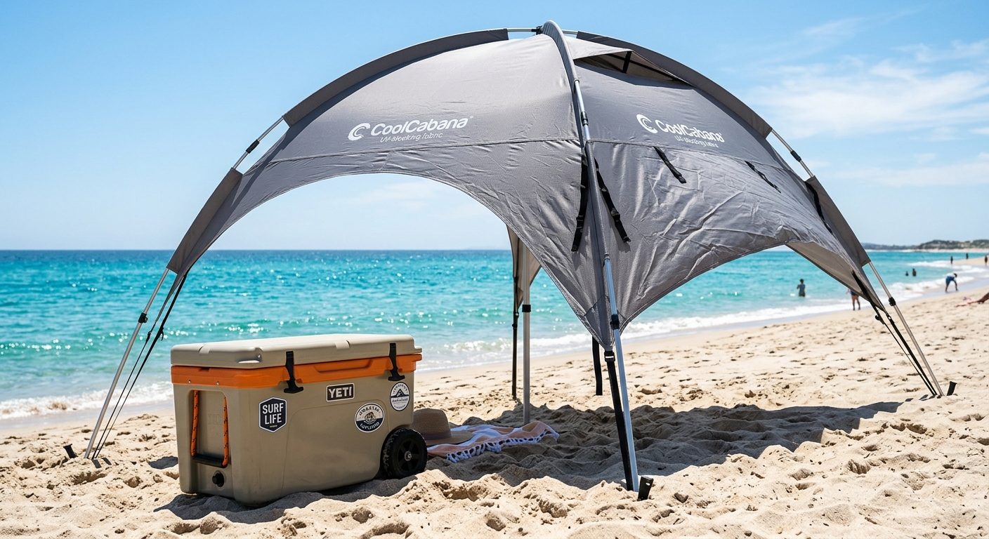 ציליית חוף אפורה של CoolCabana מוקמת על חול הים, לצידה צידנית YETI קשיחה על גלגלים, מגבת וכובע קש, על רקע ים כחול ושמיים בהירים.