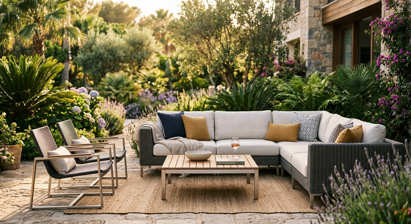 מערכת ריהוט גן יוקרתית הכוללת ספה פינתית מראטן עם כריות צבעוניות, שתי כורסאות חוץ מודרניות ושולחן קפה מעץ על שטיח קש בגינה פסטורלית פורחת.
